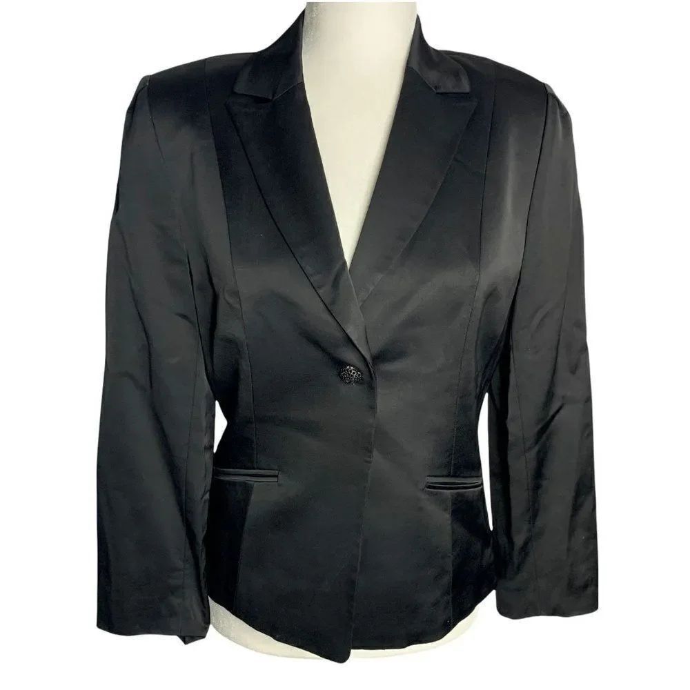 Vintage Tahari Wool Blend Blazer Jacket S Black Lined Rhinestone Button Notch